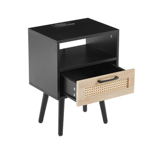 English Elm 15.75" Rattan Weave End Table with Built-in Charging Ports Drawer and Wood Legs W126573111