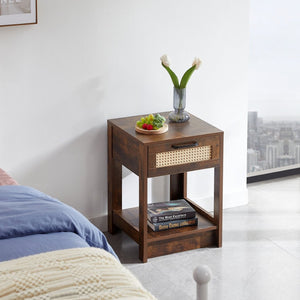 English Elm 15.75" Rattan Weave End Table with Built-in Charging Ports Drawer and Wood Legs W126573109