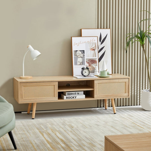 English Elm 55.12" Rattan Sliding Door Tv Console with Solid Wood Legs Natural Bohemian Storage W126573117
