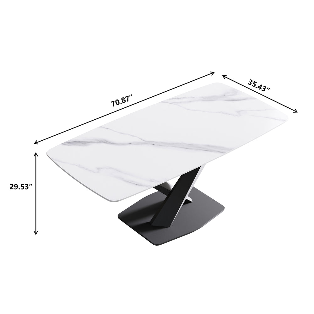English Elm 70.87"Modern 70.87" Modern Curved White Sintered Stone Dining Table With Stylish Black Metal Legs For 6-8 People W1535S00201