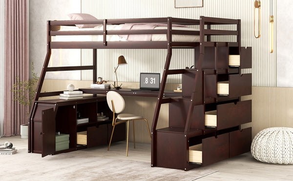 English Elm Twin Loft Bed with 7 Drawer Storage Built-in Desk and Shelves for Kids Rooms Espresso LT000639AAP-3