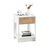 English Elm 15.75" Rattan End Table With Drawer, Modern Nightstand, Side Table For Living Room, Bedroom,White