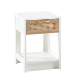 English Elm 15.75" Rattan End Table With Drawer, Modern Nightstand, Side Table For Living Room, Bedroom,White