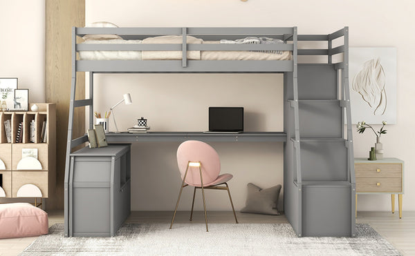 English Elm Twin Loft Bed with 7 Drawer Storage Built-in Desk and Shelves for Kids Rooms Gray LT000639AAE