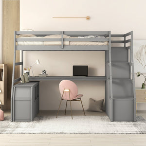 English Elm Twin Loft Bed with 7 Drawer Storage Built-in Desk and Shelves for Kids Rooms Gray LT000639AAE-3