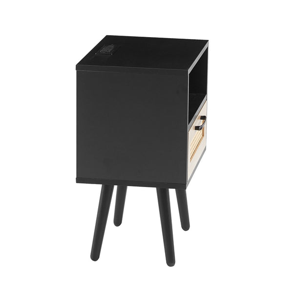 English Elm 15.75" Rattan Weave End Table with Built-in Charging Ports Drawer and Wood Legs W126573111