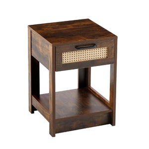 English Elm 15.75" Rattan Weave End Table with Built-in Charging Ports Drawer and Wood Legs W126573109