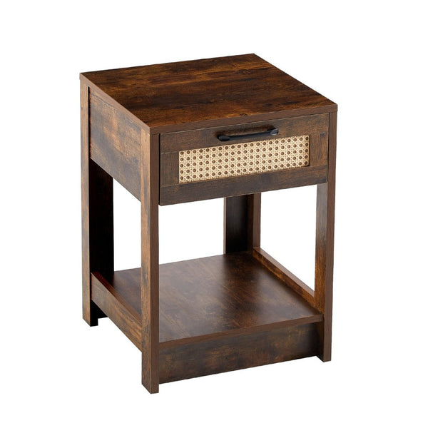 English Elm 15.75" Rattan Weave End Table with Built-in Charging Ports Drawer and Wood Legs W126573109