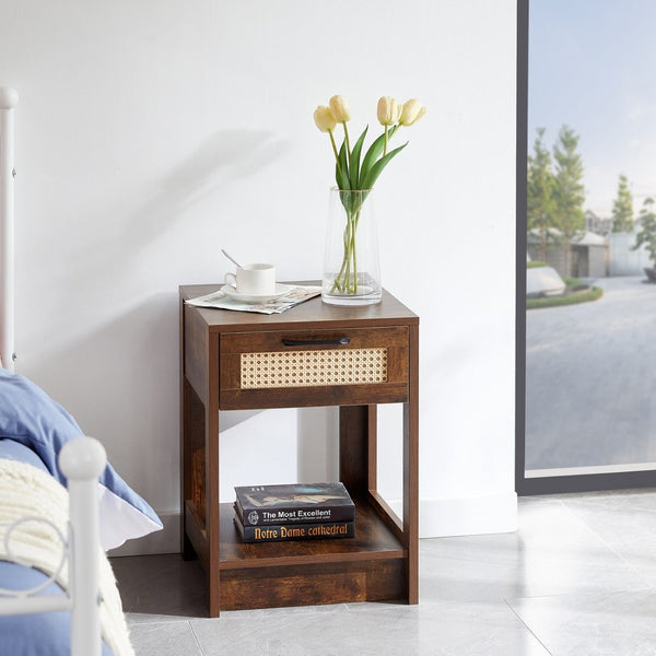 English Elm 15.75" Rattan Weave End Table with Built-in Charging Ports Drawer and Wood Legs W126573109