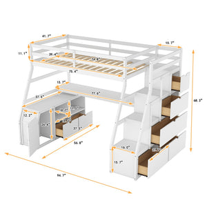 English Elm Twin Loft Bed with 7 Drawer Storage Built-in Desk and Shelves for Kids Rooms White LT000639AAK
