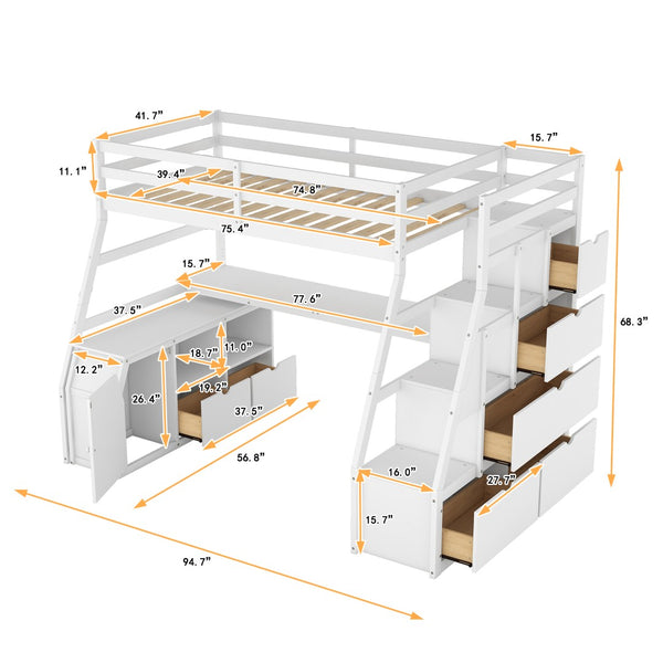 English Elm Twin Loft Bed with 7 Drawer Storage Built-in Desk and Shelves for Kids Rooms White LT000639AAK
