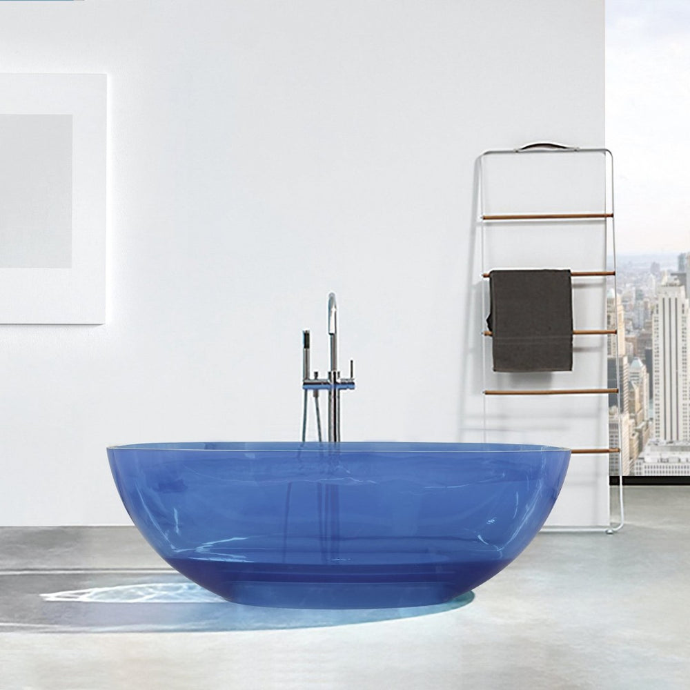 English Elm 64 Inch Oval Freestanding Soaking Tub Translucent Blue Resin Sculptural Spa Bath W161390542