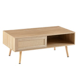 English Elm 41.34" Rattan Coffee Table, Sliding Door For Storage, Solid Wood Legs, Modern Table For Living Room , Natural