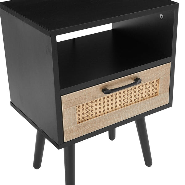 English Elm 15.75" Rattan Weave End Table with Built-in Charging Ports Drawer and Wood Legs W126573111