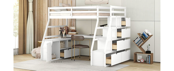English Elm Twin Loft Bed with 7 Drawer Storage Built-in Desk and Shelves for Kids Rooms White LT000639AAK
