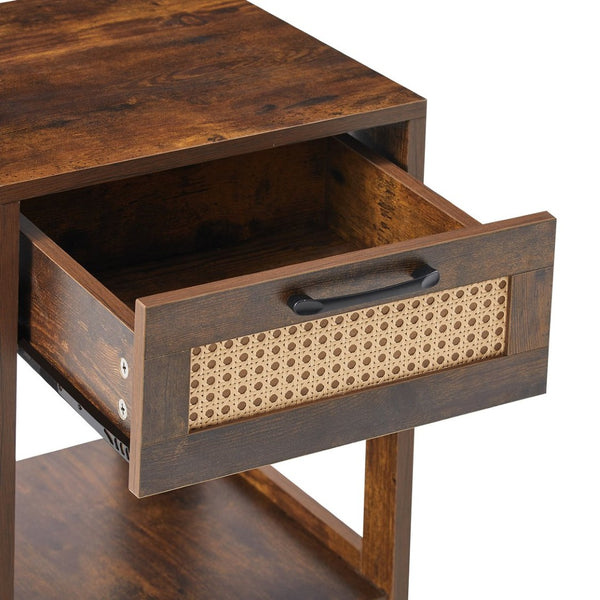 English Elm 15.75" Rattan Weave End Table with Built-in Charging Ports Drawer and Wood Legs W126573109