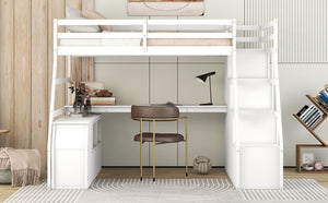 English Elm Twin Loft Bed with 7 Drawer Storage Built-in Desk and Shelves for Kids Rooms White LT000639AAK-3