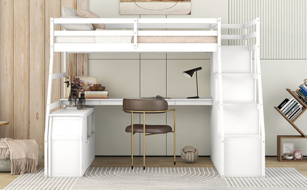 English Elm Twin Loft Bed with 7 Drawer Storage Built-in Desk and Shelves for Kids Rooms White LT000639AAK