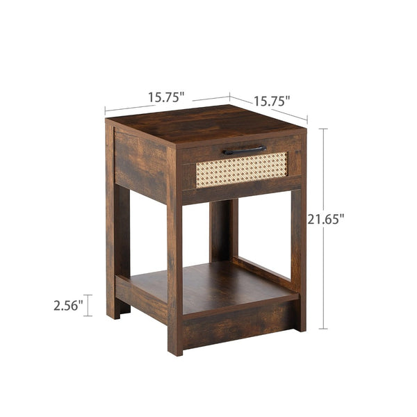 English Elm 15.75" Rattan Weave End Table with Built-in Charging Ports Drawer and Wood Legs W126573109