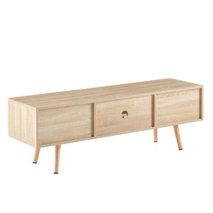 English Elm 55.12" Rattan Sliding Door Tv Console with Solid Wood Legs Natural Bohemian Storage W126573117