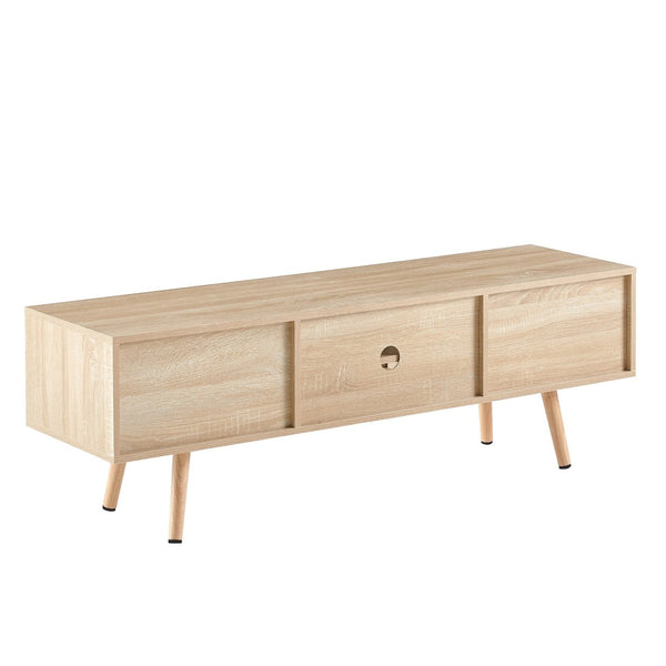English Elm 55.12" Rattan Sliding Door Tv Console with Solid Wood Legs Natural Bohemian Storage W126573117