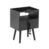 English Elm 15.75" Rattan End Table With Power Outlet & Usb Ports , Modern Nightstand With Drawer and Solid Wood Legs, Side Table For Living Room, Bedroom,Black