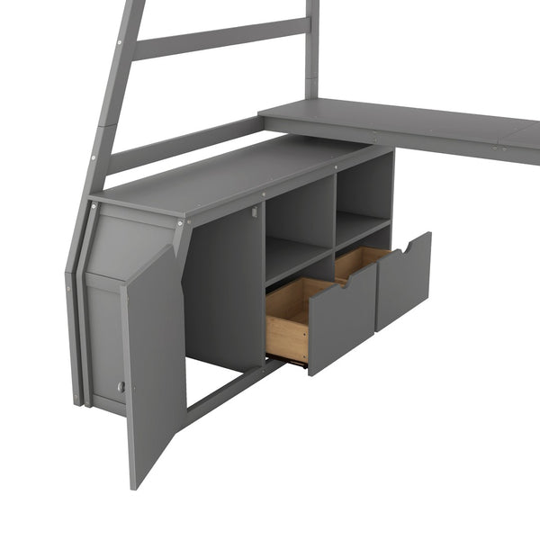 English Elm Twin Loft Bed with 7 Drawer Storage Built-in Desk and Shelves for Kids Rooms Gray LT000639AAE
