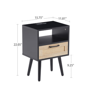 English Elm 15.75" Rattan Weave End Table with Built-in Charging Ports Drawer and Wood Legs W126573111