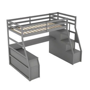 English Elm Twin Loft Bed with 7 Drawer Storage Built-in Desk and Shelves for Kids Rooms Gray LT000639AAE