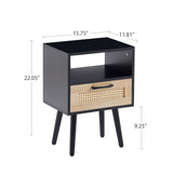 English Elm 15.75" Rattan End Table With Drawer and Solid Wood Legs, Modern Nightstand, Side Table For Living Room, Bedroom, Black