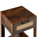 English Elm 15.75" Rattan End Table With Drawer, Modern Nightstand, Side Table For Living Room, Bedroom,Rustic Brown