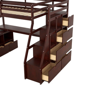 English Elm Twin Loft Bed with 7 Drawer Storage Built-in Desk and Shelves for Kids Rooms Espresso LT000639AAP-3