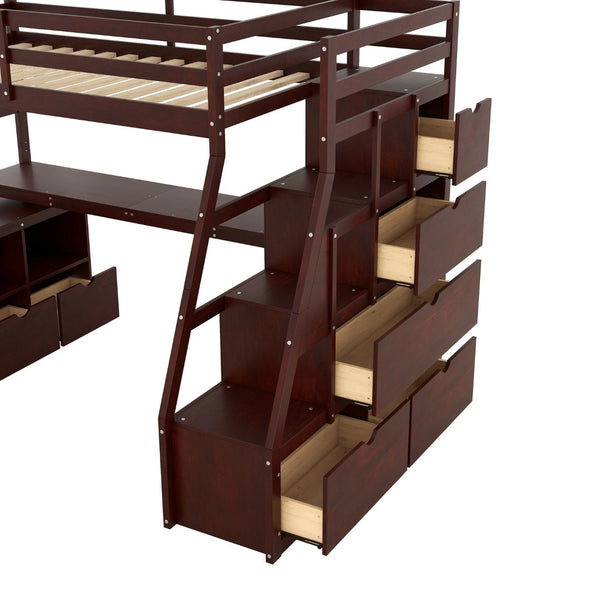 English Elm Twin Loft Bed with 7 Drawer Storage Built-in Desk and Shelves for Kids Rooms Espresso LT000639AAP-3