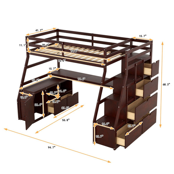 English Elm Twin Loft Bed with 7 Drawer Storage Built-in Desk and Shelves for Kids Rooms LT000639AAP-2