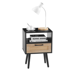 English Elm 15.75" Rattan Weave End Table with Built-in Charging Ports Drawer and Wood Legs W126573111