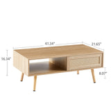 English Elm 41.34" Rattan Coffee Table, Sliding Door For Storage, Solid Wood Legs, Modern Table For Living Room , Natural