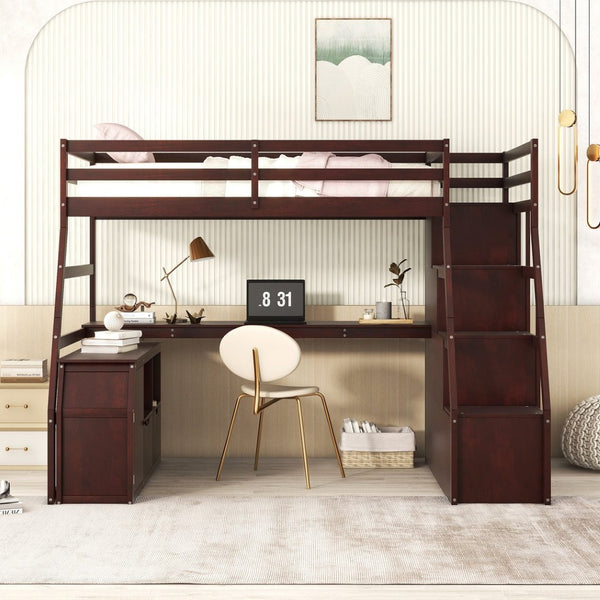 English Elm Twin Loft Bed with 7 Drawer Storage Built-in Desk and Shelves for Kids Rooms Espresso LT000639AAP-3