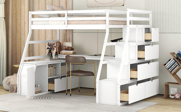 English Elm Twin Loft Bed with 7 Drawer Storage Built-in Desk and Shelves for Kids Rooms White LT000639AAK