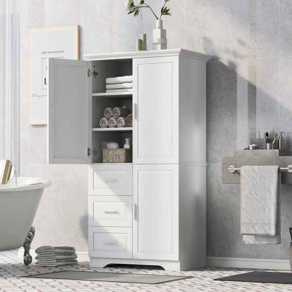 English Elm Tall Narrow Storage Cabinet with Doors and 3 Drawers – Adjustable Shelves, Anti-Tip, 45lb Capacity White WF299285AAK