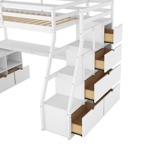 English Elm Twin Loft Bed with 7 Drawer Storage Built-in Desk and Shelves for Kids Rooms White LT000639AAK-3