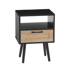 English Elm 15.75" Rattan Weave End Table with Built-in Charging Ports Drawer and Wood Legs W126573111