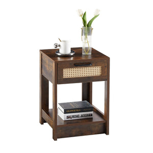 English Elm 15.75" Rattan Weave End Table with Built-in Charging Ports Drawer and Wood Legs W126573109