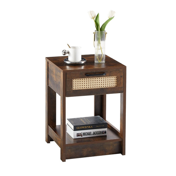 English Elm 15.75" Rattan Weave End Table with Built-in Charging Ports Drawer and Wood Legs W126573109