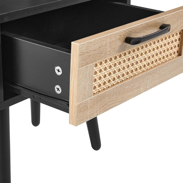 English Elm 15.75" Rattan Weave End Table with Built-in Charging Ports Drawer and Wood Legs W126573111