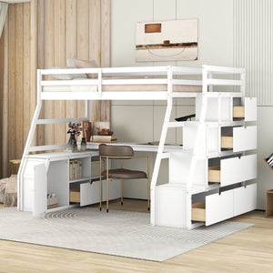 English Elm Twin Loft Bed with 7 Drawer Storage Built-in Desk and Shelves for Kids Rooms White LT000639AAK-3