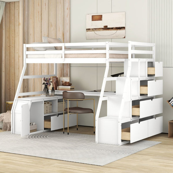 English Elm Twin Loft Bed with 7 Drawer Storage Built-in Desk and Shelves for Kids Rooms White LT000639AAK