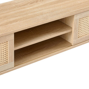 English Elm 55.12" Rattan Sliding Door Tv Console with Solid Wood Legs Natural Bohemian Storage W126573117