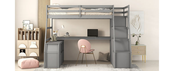 English Elm Twin Loft Bed with 7 Drawer Storage Built-in Desk and Shelves for Kids Rooms Gray LT000639AAE-3