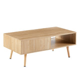 English Elm 41.34" Rattan Coffee Table, Sliding Door For Storage, Solid Wood Legs, Modern Table For Living Room , Natural