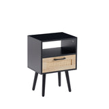 English Elm 15.75" Rattan End Table With Drawer and Solid Wood Legs, Modern Nightstand, Side Table For Living Room, Bedroom, Black